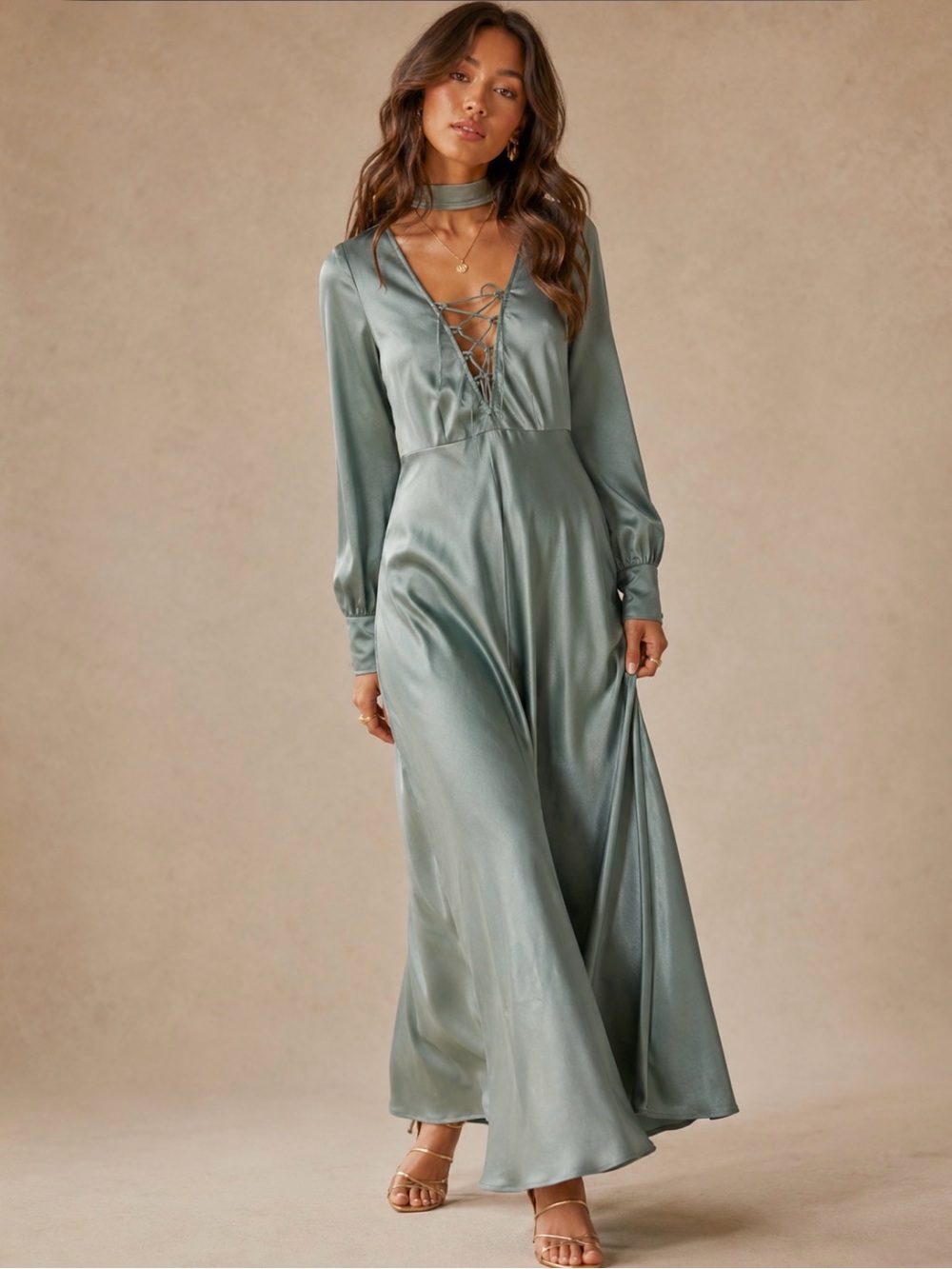 VTG 60’s Smoky blue-sage satin deep Lace-Up Maxi dress S